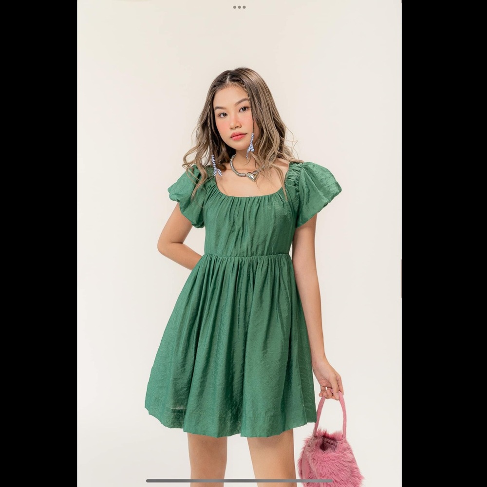 Libe Workshop Emerald Green Puff Sleeve Mini Dress